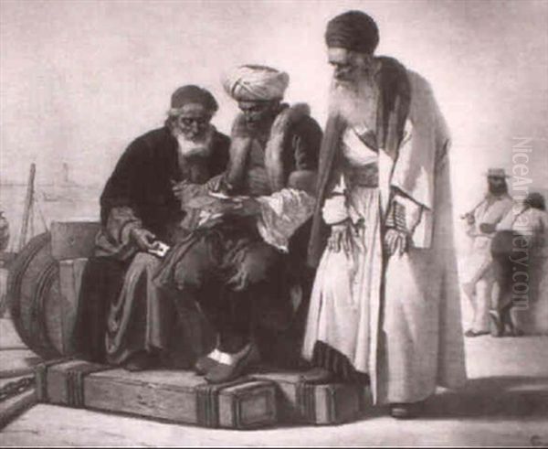Three Men Reading A Letter At The Quayside - view 1