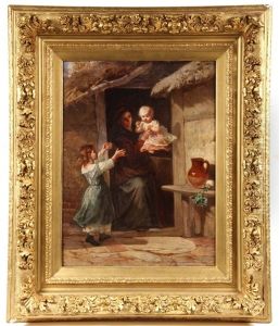 Young Mother With Two Daughters At Cottage Door Young Mother With Two Daughters At Cottage Door