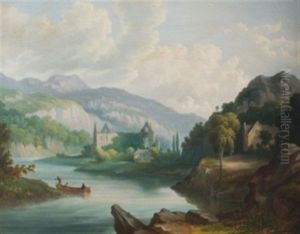 European Landscape With Figures Crossing A Lake European Landscape With Figures Crossing A Lake