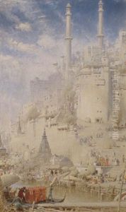 A View Of Benares From The Ganga River With The Great Mosque Of Auranzeb, The Vishwanath Temple And Manikarnika Ghat Behind