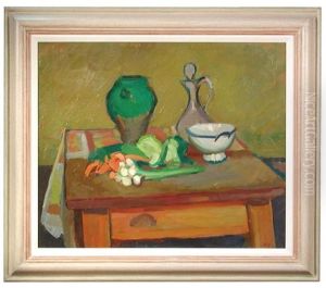 Still Life Of Jugs And Vegetables On A Butcher's Block