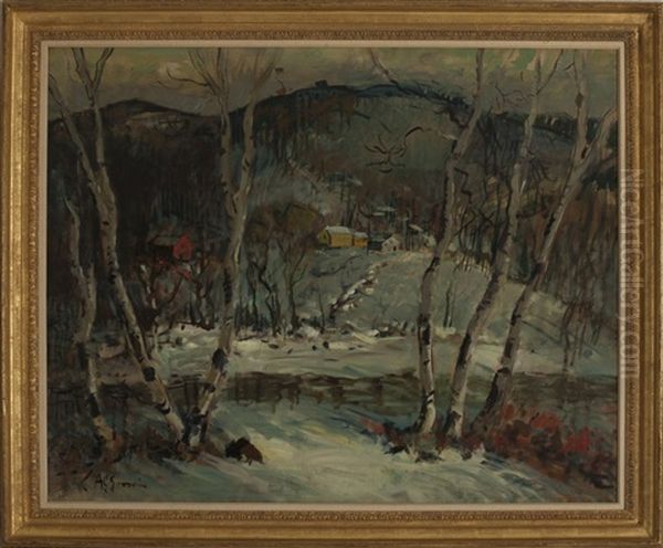 Winter Landscape With Farmhouses And Birches - view 1