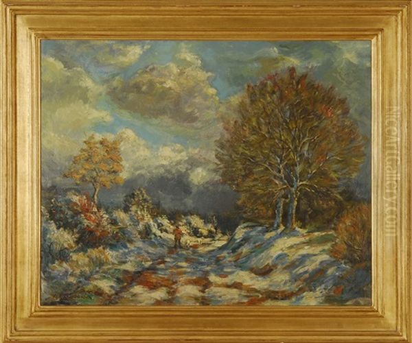 Winter Road, Depicting A Man Walking Two Dogs Through A Winter Landscape - view 1