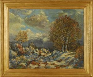 Winter Road, Depicting A Man Walking Two Dogs Through A Winter Landscape