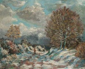 Man And The Dogs In Snowy Landscape Man And The Dogs In Snowy Landscape