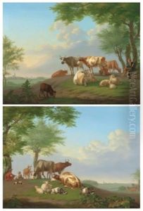 Drovers With Cattle And Goats In A Landscape; And Drovers With Cattle And Sheep In A Landscape by Jan van Gool