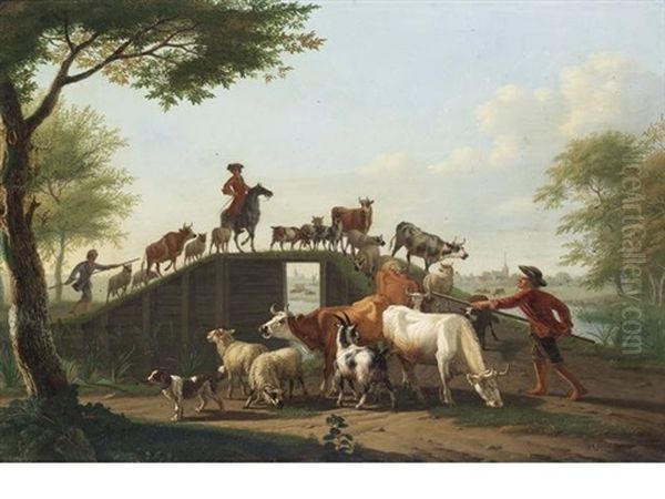 Drovers Crossing A Bridge With Their Flocks, A Town In The Distance - view 1