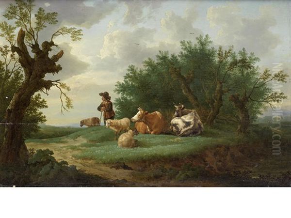 A Drover Tending To His Herd Of Sheep And Cattle - view 1