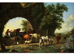 Italienische Fantasielandschaft Mit Kuhen, Schafen, Ziegen Und Hirten Unter Einem Steinbogen Mit Blick In Die Ferne Italienische Fantasielandschaft Mit Kuhen, Schafen, Ziegen Und Hirten Unter Einem Steinbogen Mit Blick In Die Ferne