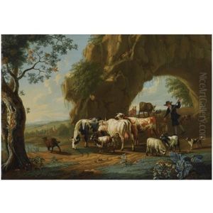An Italianate River Landscape With A Shepherd And His Herd Near A Grotto, A View Of A Town Beyond