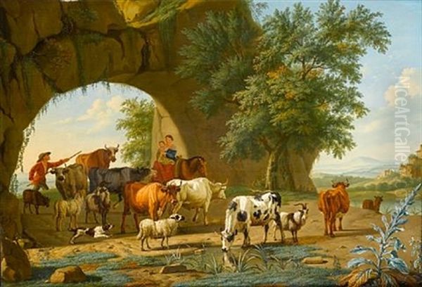 An Italianate Landscape With A Drover And A Shepherdess With Their Flock Beneath A Stone Arch - view 1