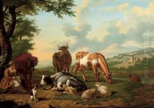 A Herdess And Her Cattle And Sheep In A Pastoral Landscape