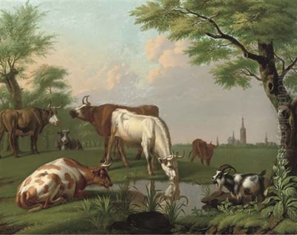 Cows And A Goat By A Pool Of Water, A Church Tower Beyond - view 1