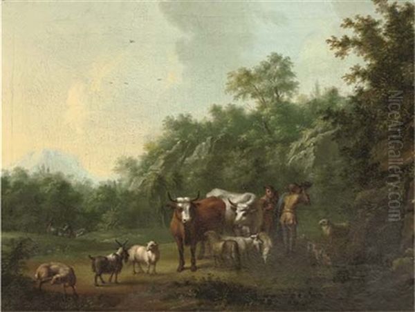 Herdsmen With Cattle Resting Near A Waterfall In An Italianate Landscape - view 1