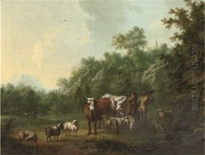 Herdsmen With Cattle Resting Near A Waterfall In An Italianate Landscape by Jan van Gool