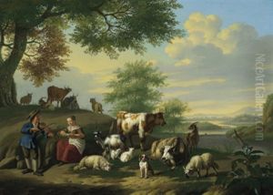 Musizierendes Hirtenpaar Mit Seiner Herde In Einer Fluslandschaft by Jan van Gool
