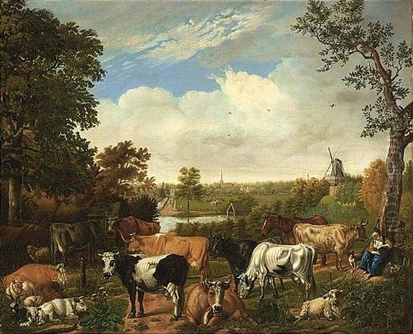 A Wooded Landscape With A Shepherdess Resting Under A Tree With Sheep, Goats And Cows, Rijswijk With The Oude Kerk Beyond - view 1