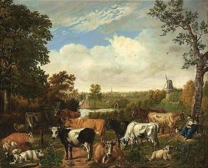 A Wooded Landscape With A Shepherdess Resting Under A Tree With Sheep, Goats And Cows, Rijswijk With The Oude Kerk Beyond by Jan van Gool