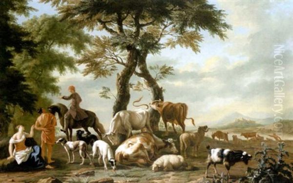 A Traveller Asking Directions Of A Herdsman And Shepherdess With Cattle, Sheep And Other Animals Grazing Nearby - view 1