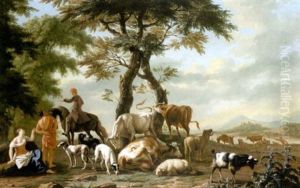 A Traveller Asking Directions Of A Herdsman And Shepherdess With Cattle, Sheep And Other Animals Grazing Nearby by Jan van Gool