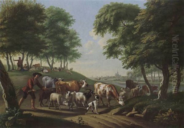 The Herdsmen And Their Sheep, Goats And Cows In A Hilly Landscape, A Village With A Church Beyond - view 1