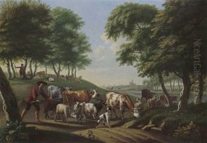 The Herdsmen And Their Sheep, Goats And Cows In A Hilly Landscape, A Village With A Church Beyond by Jan van Gool