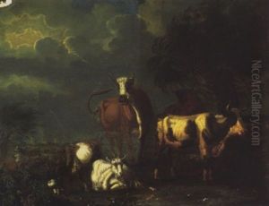 Cows And Goats Grazing In A Thunderstorm