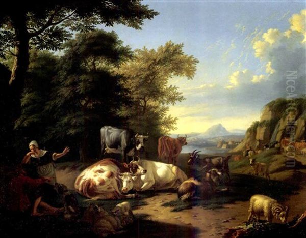 A Shepherd And A Milkmaid Conversing In A Landscape, Cattle, Goats, Sheep And A Sheepdog Resting Nearby - view 1
