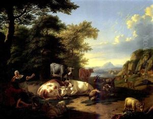 A Shepherd And A Milkmaid Conversing In A Landscape, Cattle, Goats, Sheep And A Sheepdog Resting Nearby