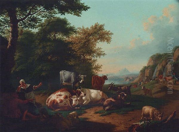 A Shepherd And A Milkmaid Conversing In A Landscape, Cattle, Goats, Sheep And A Sheepdog Resting Nearby - view 1
