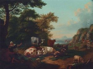 A Shepherd And A Milkmaid Conversing In A Landscape, Cattle, Goats, Sheep And A Sheepdog Resting Nearby