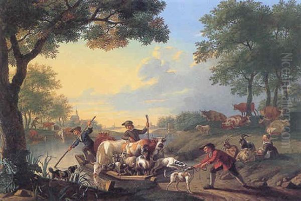 Cows, Goats And Sheep Being Ferried Across A River - view 1