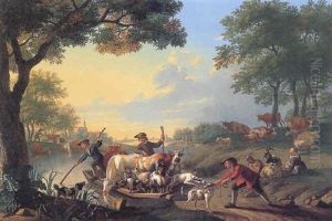 Cows, Goats And Sheep Being Ferried Across A River by Jan van Gool