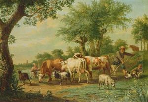 A Pastoral Landscape With A Cowherd And His Family Leading Their Livestock To A River Meadow With A Hamlet Beyond by Jan van Gool