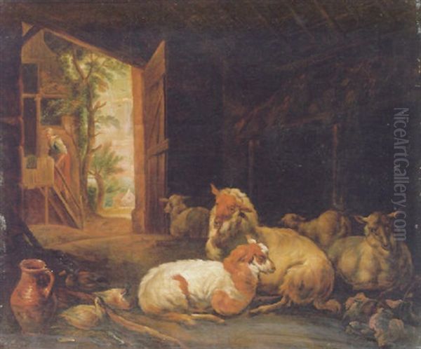 Sheep And Ducks In A Stable With A Maid Climbing The Stairs Of A Cottage And A Landscape Seen Through The Door Beyond - view 1