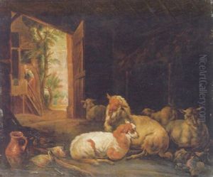 Sheep And Ducks In A Stable With A Maid Climbing The Stairs Of A Cottage And A Landscape Seen Through The Door Beyond Sheep And Ducks In A Stable With A Maid Climbing The Stairs Of A Cottage And A Landscape Seen Through The Door Beyond