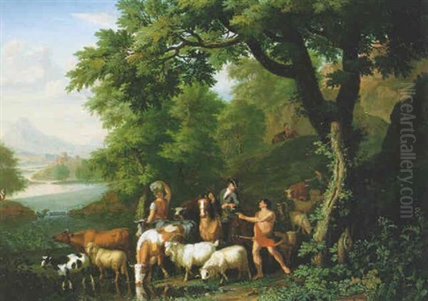 A Gentleman On Horseback Discoursing With A Shepherd, And Peasants And Farm Animals By A Stream - view 1