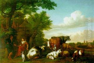 A Landscape With A Shepherd And Shepherdess Resting Beneath A Tree With Cattle Nearby A Landscape With A Shepherd And Shepherdess Resting Beneath A Tree With Cattle Nearby