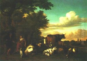 A Landscape With Shepherd And Shepherdess Resting Beneath A Tree With Cattle Nearby by Jan van Gool
