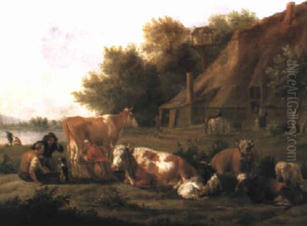 Drovers With A Milkmaid And Cattle Before A Farm In A Landscape - view 1