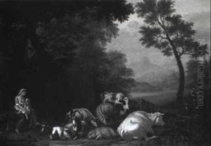 Shepherdess And Baby With Cattle In Glade, River Beyond Shepherdess And Baby With Cattle In Glade, River Beyond