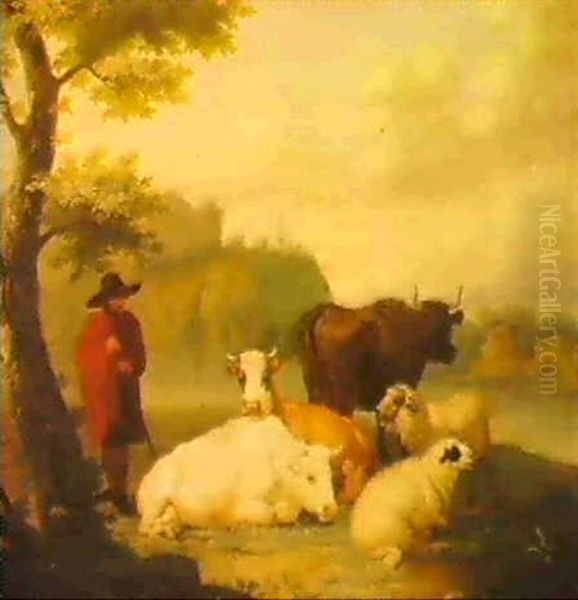 A Sheperd With Cattle By A River A Sheperd Herding Cattle Into A Shed - view 1