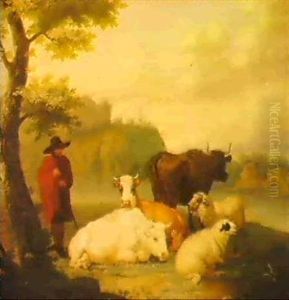 A Sheperd With Cattle By A River                            A Sheperd Herding Cattle Into A Shed