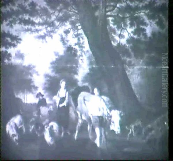 Drovers With Cattle, Sheep And Goats At A Woodland Pool - view 1