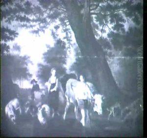 Drovers With Cattle, Sheep And Goats At A Woodland Pool
