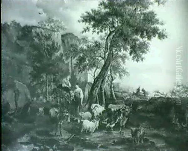 A Landscape With Shepherdesses Droving Cattle, Goats And Sheep Across A Stream - view 1