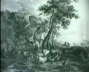A Landscape With Shepherdesses Droving Cattle, Goats And Sheep Across A Stream by Jan van Gool