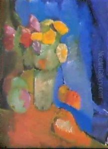 Stilleben Med Blommor Mot Bla Bakgrund by Ake Goeransson