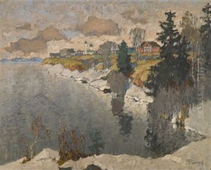 View Of A Lake In Winter by Konstantin Ivanovich Gorbatov