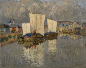 Boats By The River Bank by Konstantin Ivanovich Gorbatov